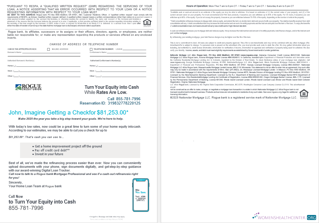 USA Oregon Rogue bank mortgage loan statement in Word and PDF formats , 4 pages 3 4